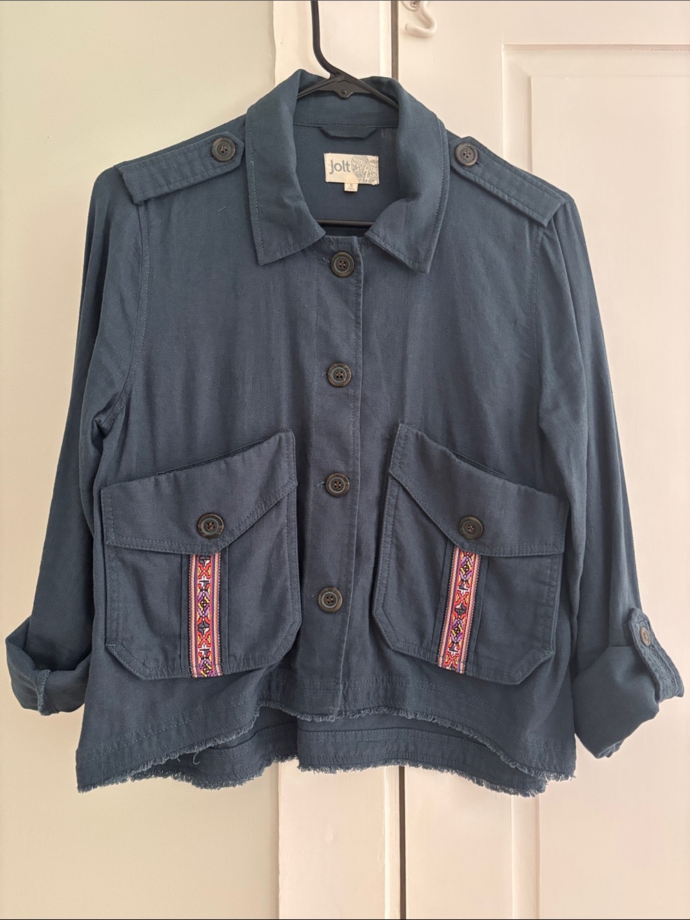 Jolt Blue Utility Jacket with Embroidered Pocket Trim
